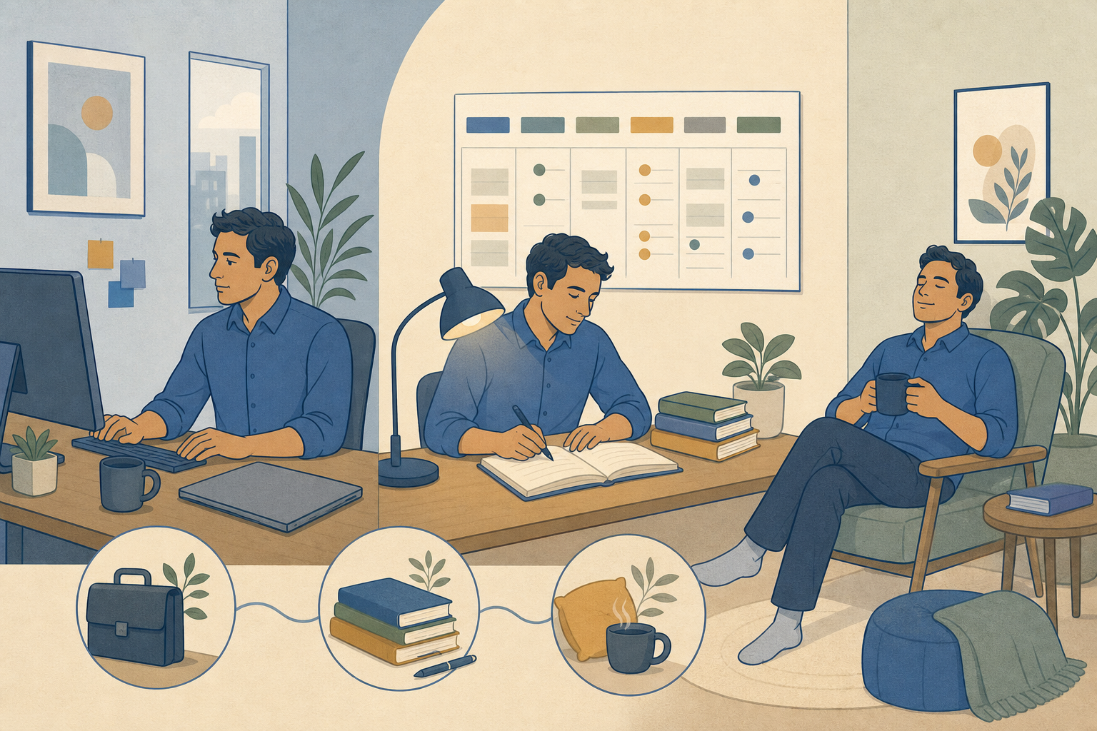 Persona que combina jornada laboral, una sesión de estudio y un periodo de descanso